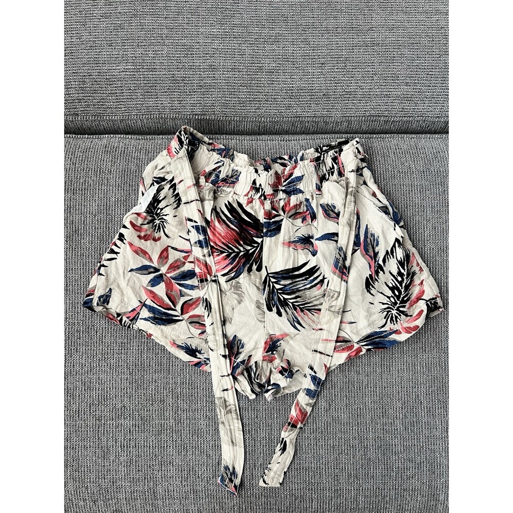 Cali 1850 Tropical Leaf Pattern Linen Blend Shorts With Tie Waist And Pockets L